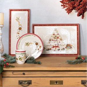 Červeno-béžový porcelánový servírovací talíř s vánočním motivem Villeroy & Boch, 39,7 x 17,3 cm