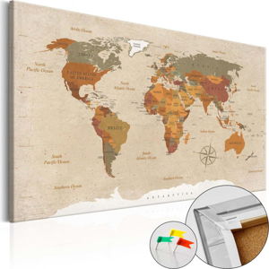 Nástěnka s mapou světa Bimago Beige Chic, 120 x 80 cm