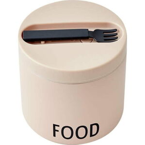 Béžový svačinový termo box s lžící Design Letters Food, výška 11,4 cm