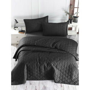 Černý přehoz přes postel se 2 povlaky na polštář z ranforce bavlny EnLora Home Fresh, 225 x 240 cm