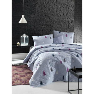Modrý přehoz přes postel se 2 povlaky na polštář z ranforce bavlny Mijolnir Takeme, 225 x 240 cm