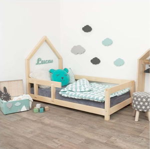 Přírodní dětská postel domeček s levou bočnicí Benlemi Lucky, 90 x 180 cm