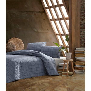 Modrý přehoz přes postel s povlakem na polštář z ranforce bavlny Mijolnir Persegi, 180 x 225 cm