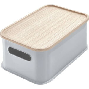 Šedý úložný box s víkem ze dřeva paulownia iDesign Eco Handled, 21,3 x 30,2 cm