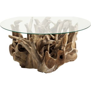 Skleněný konferenční stolek s podstavcem z teakového dřeva Kare Design Roots, Ø 100 cm