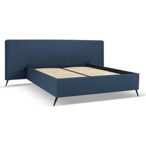 Tmavě modrá čalouněná dvoulůžková postel s úložným prostorem a roštem 160x200 cm Walter – Milo Casa