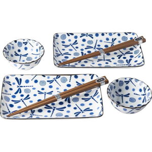 6dílný set modro-bílého keramického nádobí na sushi MIJ Blue Dragonfly