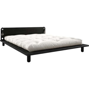 Černá dvoulůžková postel z masivního dřeva s čelem, lampičkami a matrací Comfort Karup Design Peek, 180 x 200 cm