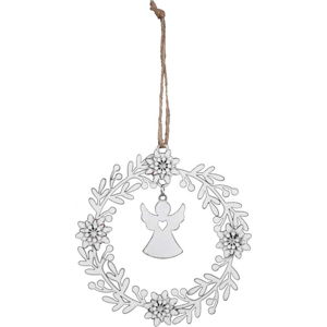Bílá vánoční ozdoba ve tvaru věnce s andělem Ego Dekor