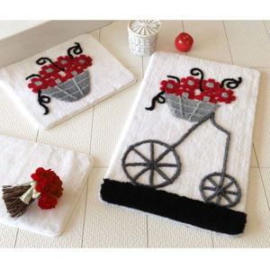 Sada tří koupelnových předložek s motivem květinového vozíku v červené, šedé a černé barvě Knit Knot