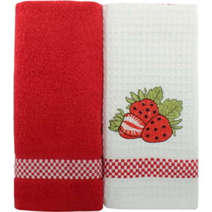 Sada 2 červeno-bílých ručníků z čisté bavlny, 45 x 70 cm