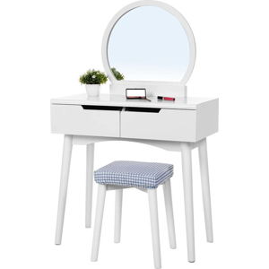 Bílý dřevěný toaletní stolek se zrcadlem, stoličkou a dvěma zásuvkami Songmics