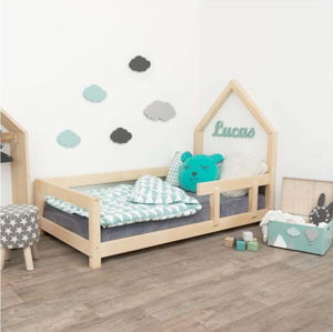 Přírodní dětská postel domeček s pravou bočnicí Benlemi Lucky, 90 x 200 cm