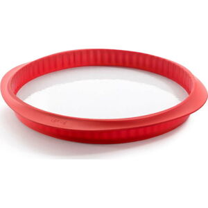Červená silikonová forma s keramickým talířem na quiche Lékué Quiche, ⌀ 28 cm