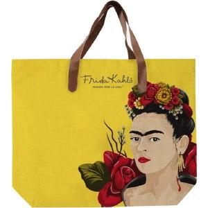 Žlutá plátěná taška s uchem z imitace kůže Madre Selva Frida Roses, 55 x 40 cm