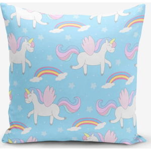 Povlak na polštář s příměsí bavlny Minimalist Cushion Covers Blue Background Unicorn Rainbows, 45 x 45 cm