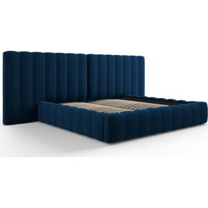 Tmavě modrá čalouněná dvoulůžková postel s úložným prostorem a roštem 180x200 cm Gina – Milo Casa