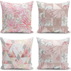 Sada 4 dekorativních povlaků na polštáře Minimalist Cushion Covers Pink Leaves, 45 x 45 cm