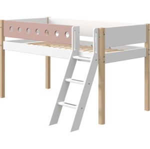 Růžovo-bílá dětská postel s žebříkem a nohami z březového dřeva Flexa White, výška 120 cm