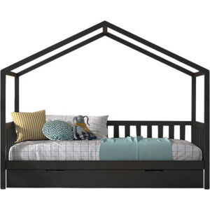 Antracitová domečková dětská postel z borovicového dřeva s výsuvným lůžkem a úložným prostorem 90x200 cm DALLAS – Vipack