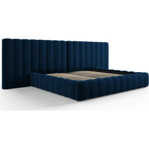 Tmavě modrá čalouněná dvoulůžková postel s úložným prostorem a roštem 200x200 cm Gina – Milo Casa