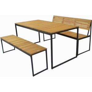 Zahradní set jídelního stolu a 2 lavic z akáciového dřeva s kovovou konstrukcí Ezeis Brick