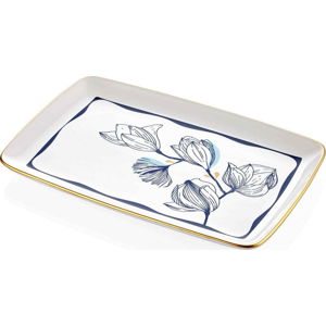 Bílý porcelánový servírovací talíř s modrými květy Mia Bleu, 34 x 25 cm