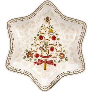 Červeno-bílá porcelánová servírovací mísa s vánočním motivem ve tvaru hvězdy Villeroy & Boch Gingerbread Village, 24,5 x 24,5 cm