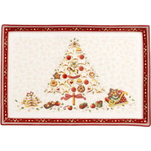 Červeno-béžový porcelánový servírovací talíř s vánočním motivem Villeroy & Boch, 40 x 27,5 cm