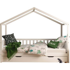 Bílá domečková dětská postel z borovicového dřeva s výsuvným lůžkem a úložným prostorem 90x200 cm DALLAS – Vipack